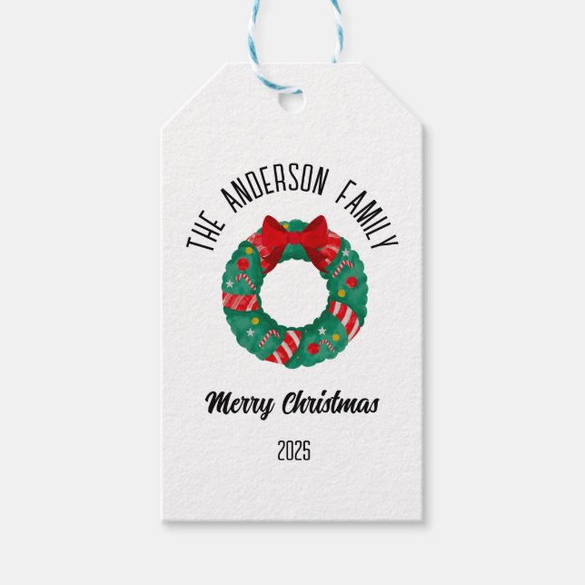 Étiquettes-cadeau Christmas Wreath Red Bow Lights Personalized Name (Devant)
