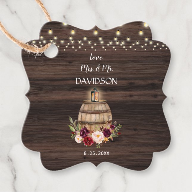 Étiquettes Cadeau Chute Burgundy Vin Baril Floral Baril Mariage (Devant)