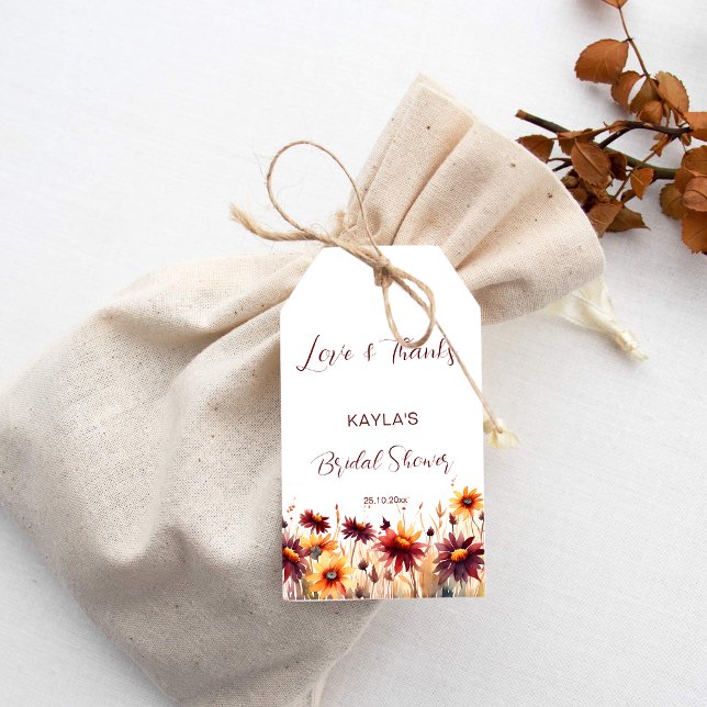 Étiquettes-cadeau Chute d'amour burgundy dahlias nuptiale douche fav (Fall in love bridal shower thank you favor tags burgundy orange dahlias wild daisy favor tags autumn)
