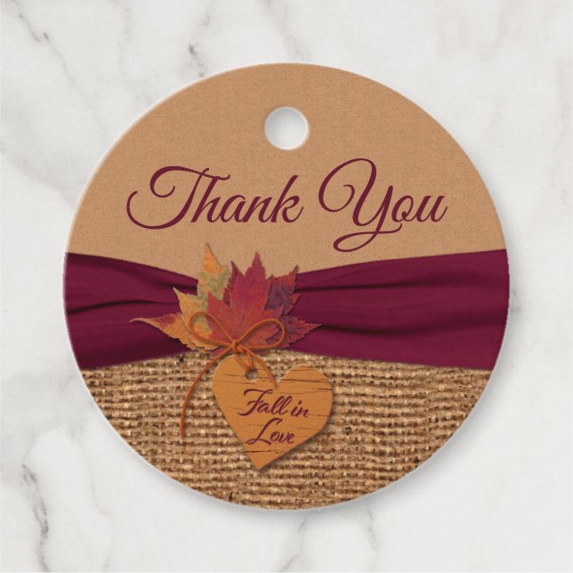 Étiquettes Cadeau Chute d'amour, Feuilles d'automne, Mariage Burlap (Devant)