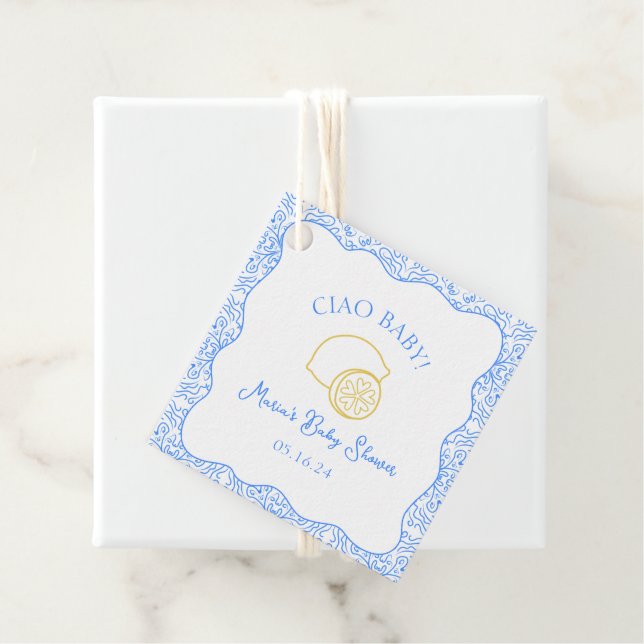 Étiquettes Cadeau Ciao Baby ! Baby shower italien citron bleu (En situation)