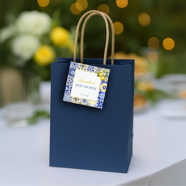 Étiquettes Cadeau Ciao Baby Carreaux Bleus Citron Amalfi Arche Baby  (Ciao Baby Blue Tiles Lemon Amalfi Baby Shower Favor Gift Tags)