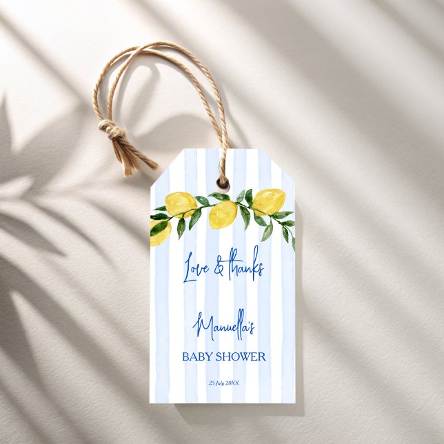 Étiquettes-cadeau Ciao bambino citrons faveur de baby shower italien (Ciao bambino blue stripes  lemons Italian baby shower personalized favor Gift Tags)