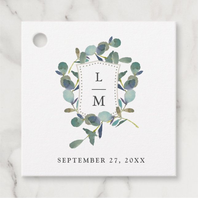 Étiquettes Cadeau Cimier d'Eucalyptus | Mariage d'aquarelle Monogram (Devant)