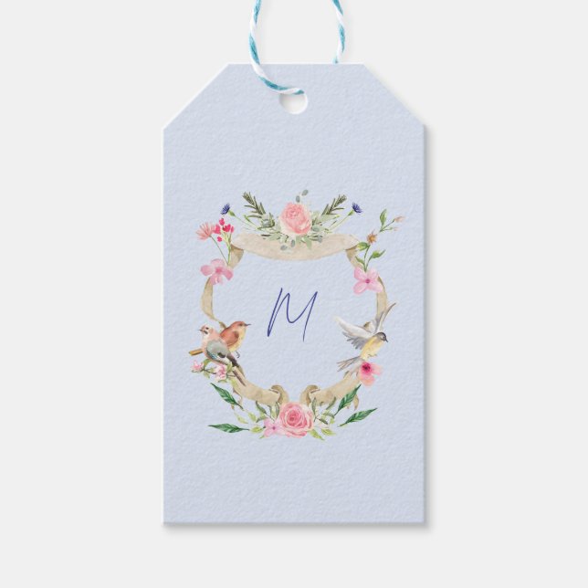 Étiquettes-cadeau Cimier floral Monogramme bleu (Devant)
