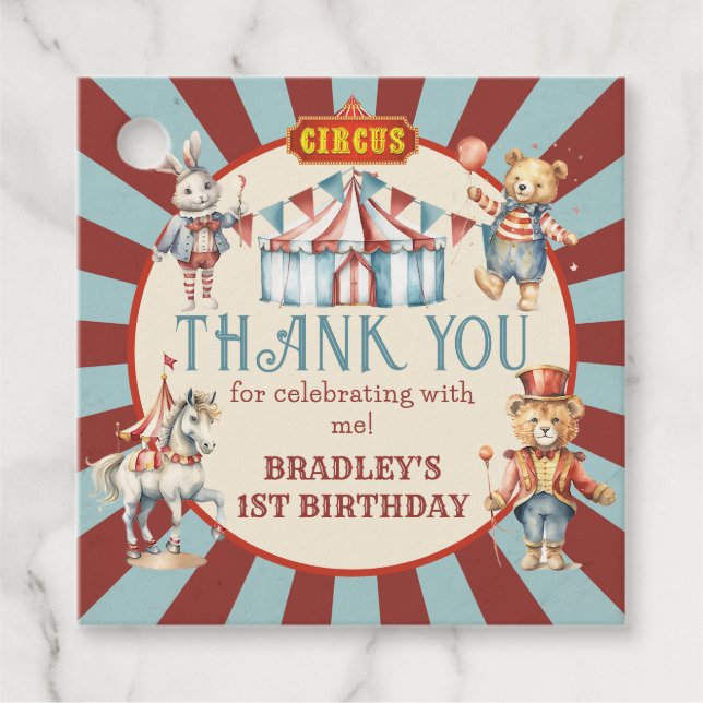 Étiquettes Cadeau Cirque Carnaval & Animaux Anniversaire Merci (Devant)