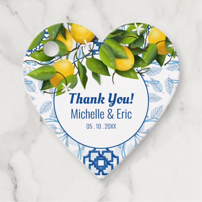 Étiquettes Cadeau Citron bleu et blanc Mariage méditerranéen (Devant)