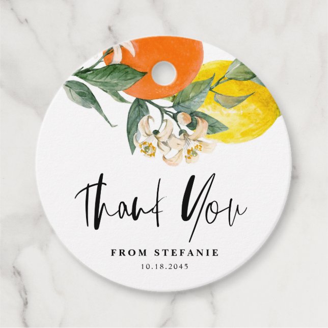 Étiquettes Cadeau Citron botanique et Merci d'anniversaire orange (Devant)