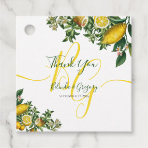 Étiquettes Cadeau Citron jaune rustique et feuillage Mariage de verd