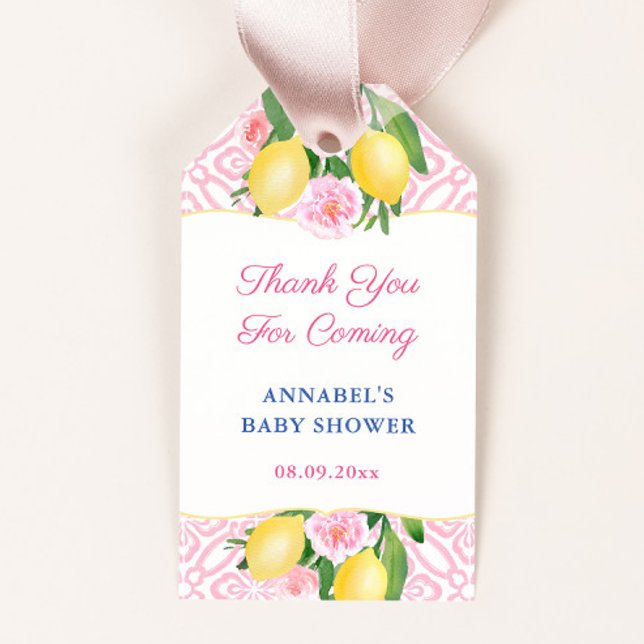 Étiquettes-cadeau Citrons Carrelage rose Fille Baby shower Fête Favo (Girly pink and white capri lemons little girl baby shower favor tags)