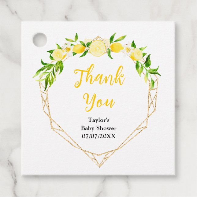 Étiquettes Cadeau Citrons et Merci de Baby shower de feuillage (Devant)