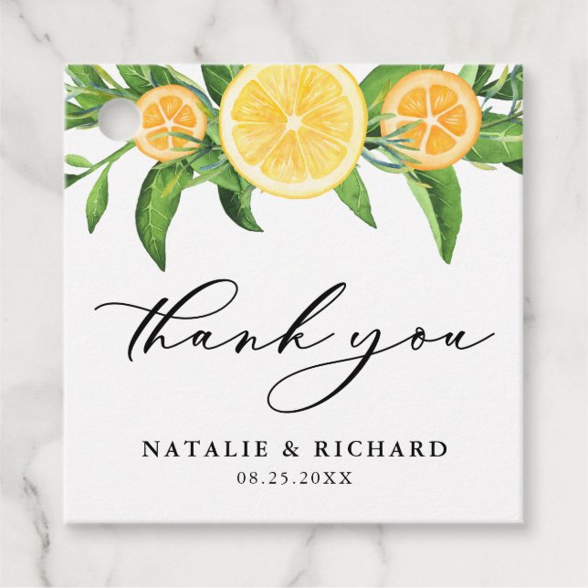 Étiquettes Cadeau Citrons et oranges Mariage d'été Merci (Devant)