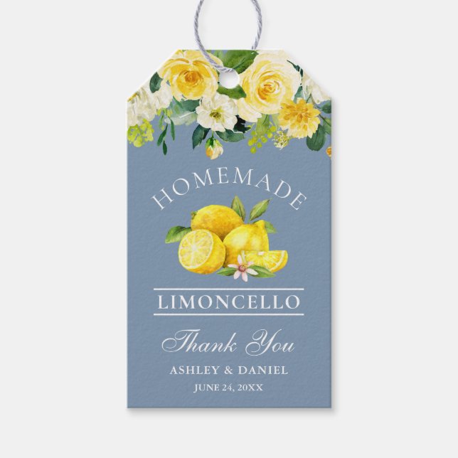 Étiquettes-cadeau Citrons floraux Dusty Blue Limoncello Mariage (Devant)