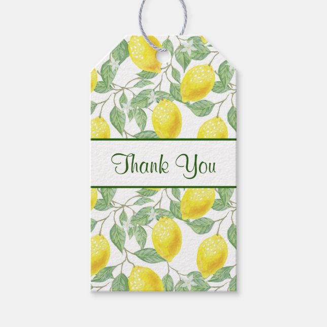 Étiquettes-cadeau Citrons jaunes avec Merci Motif Feuille vert (Devant)