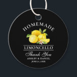 Étiquettes Cadeau Citrons Limoncello Merci noir rond<br><div class="desc">Elégant aquarelle citrons fait maison Limoncello Mariage Mercis Tags</div>