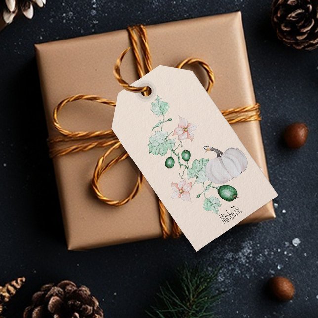 Étiquettes-cadeau Citrouille Blanc Et Fleurs Aquarelle Art (Créateur téléchargé)