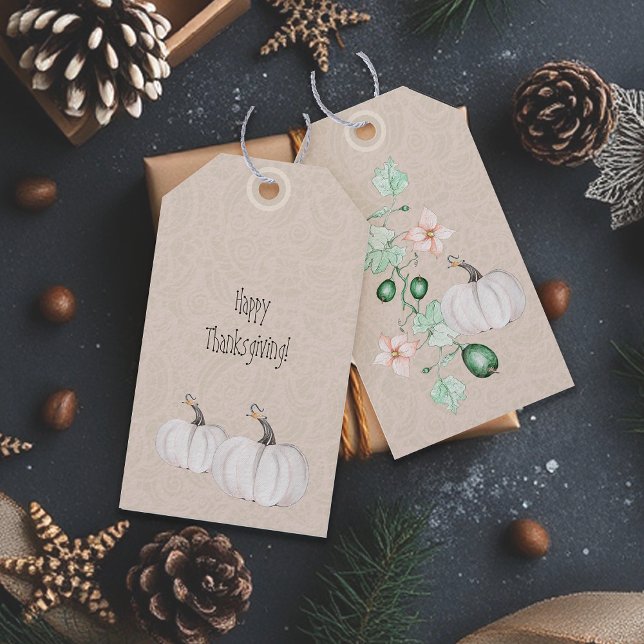 Étiquettes-cadeau Citrouille Blanc Et Fleurs Aquarelle Art (Créateur téléchargé)