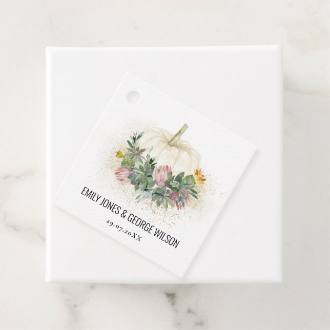 ÉTIQUETTES CADEAU CITROUILLE BLANC PROTÉA ROSE SUCCULENT FAUNA MARIA (En situation)