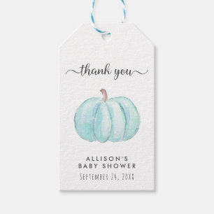 Étiquettes-cadeau Citrouille bleu Aquarelle bébé garçon douche Merci