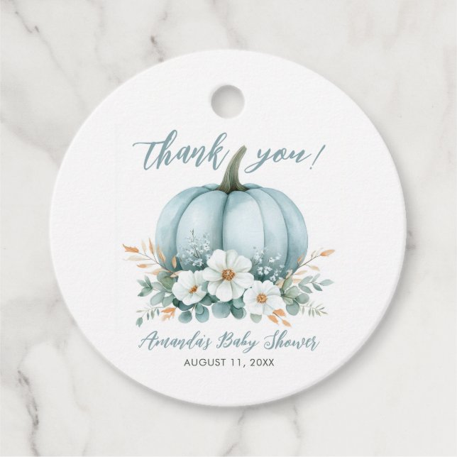 Étiquettes Cadeau Citrouille bleu automne Baby shower d'Eucalyptus F (Devant)