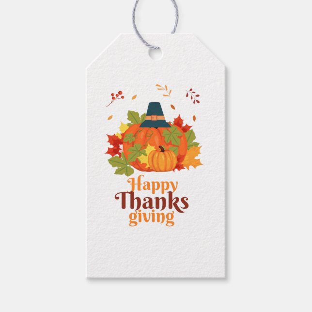 Étiquettes-cadeau Citrouille bon thanksgiving avec Casquette et Feui (Devant)