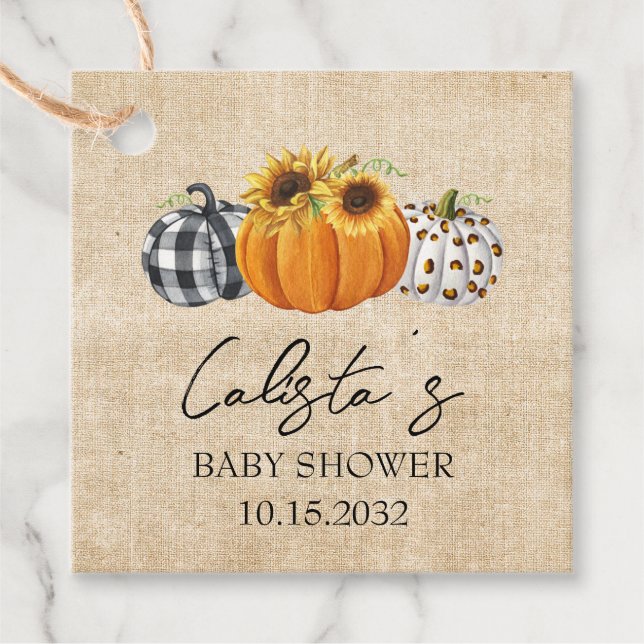 Étiquettes Cadeau Citrouille Burlap d'automne et Baby shower de tour (Devant)