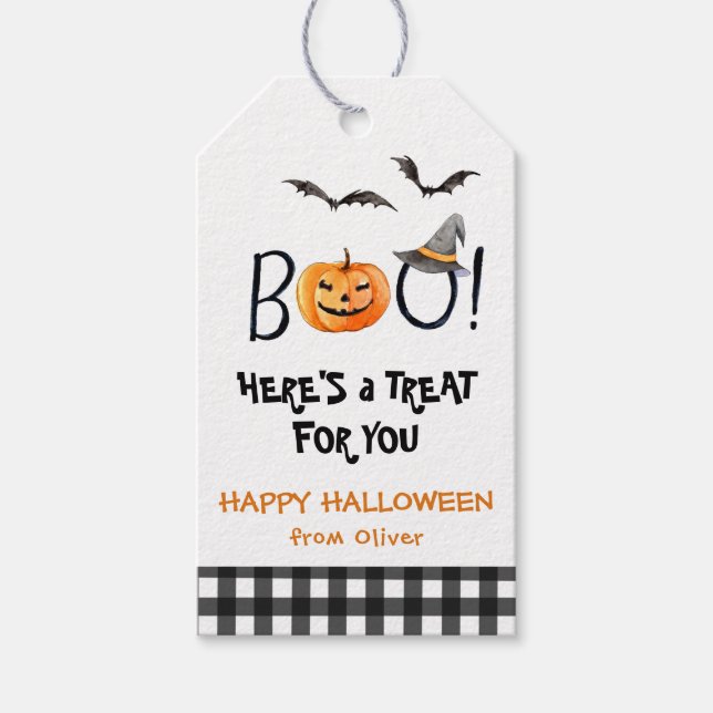 Étiquettes-cadeau Citrouille d'aquarelle mignonne BOO Happy Hallowee (Devant)