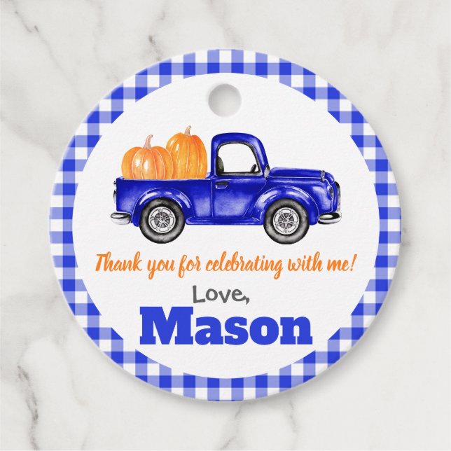 Étiquettes Cadeau Citrouille de camion citrouille Patch - Blue Truck (Devant)