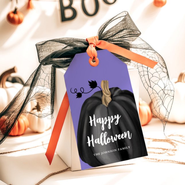 Étiquettes-cadeau Citrouille de script mou violet Halloween (Cute Purple Script Pumpkin Halloween Gift Tags)