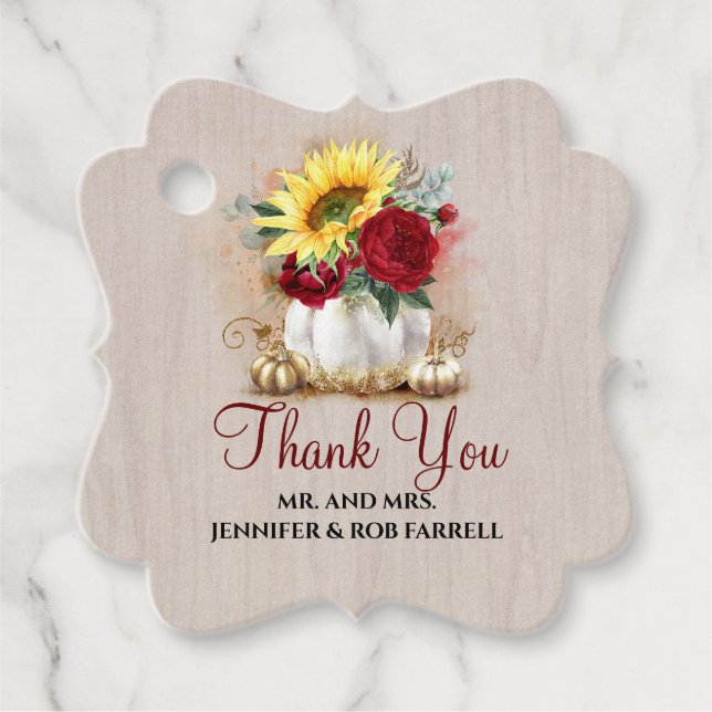 Étiquettes Cadeau Citrouille d'or Bourgogne Rose et Mariage de tourn (Devant)