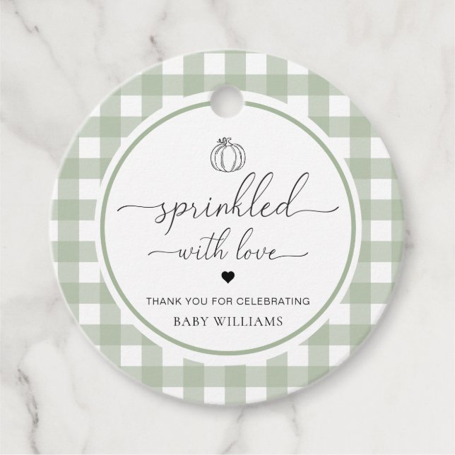 Étiquettes Cadeau Citrouille En vichy Sage Vert Saupoudré D'Amour (Devant)
