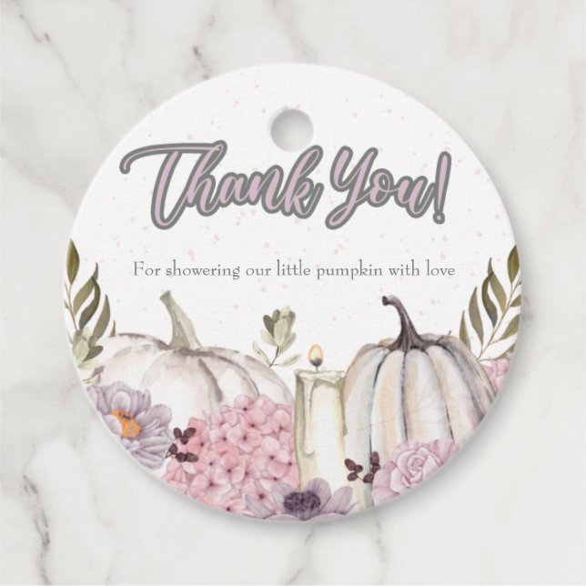 Étiquettes Cadeau Citrouille fille Baby shower rose Cercle Merci (Devant)
