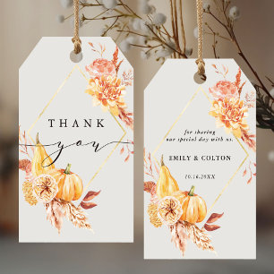 Étiquettes-cadeau Citrouille Florale de Remerciement de Mariage Or d