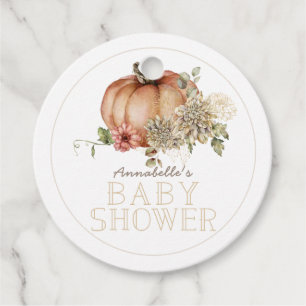 Étiquettes Cadeau Citrouille orange et Baby shower Dahlia blanc
