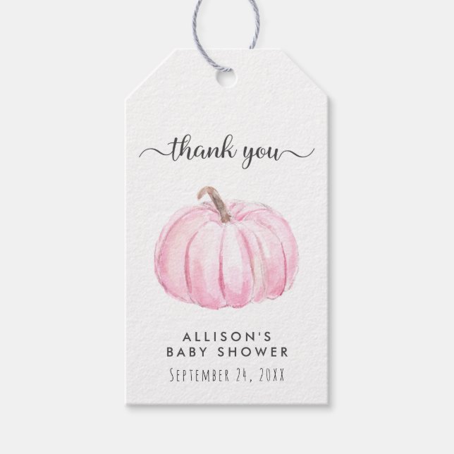 Étiquettes-cadeau Citrouille rose Aquarelle Bébé Fille Douche Merci (Devant)