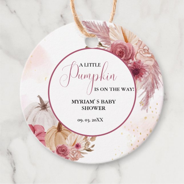 Étiquettes Cadeau Citrouille rose automne Baby shower floral fille (Devant)