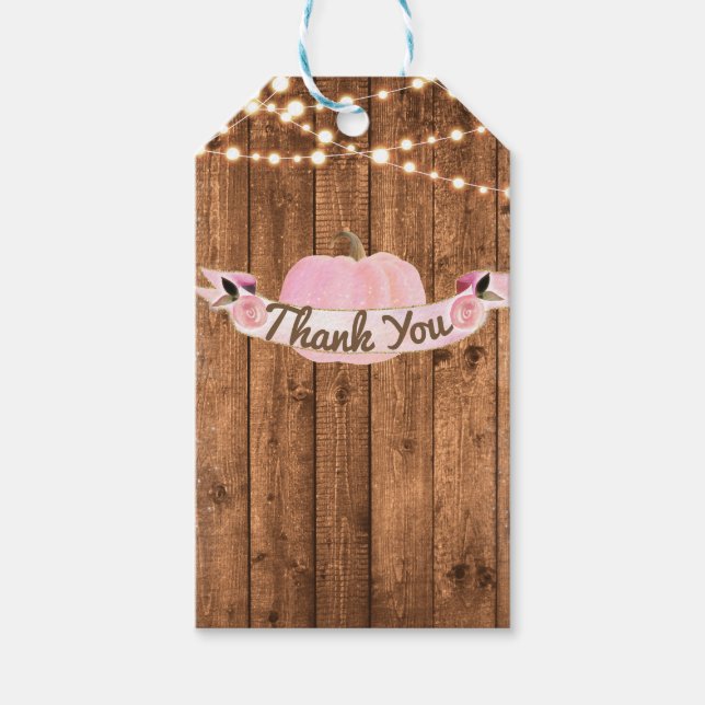 Étiquettes-cadeau Citrouille rose Automne Rustique Bois Lumières Fêt (Devant)