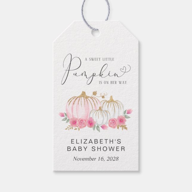 Étiquettes-cadeau Citrouille rose Floral bébé fille douche Merci (Devant)