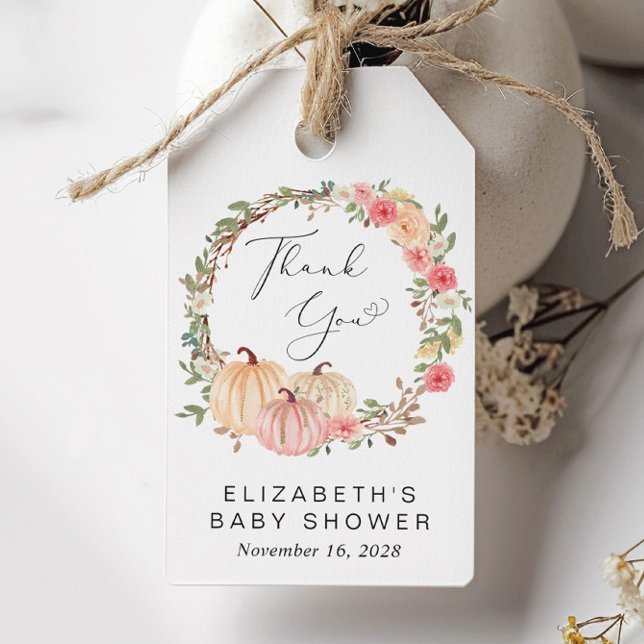 Étiquettes-cadeau Citrouille rose Floral fille Baby shower Merci (Créateur téléchargé)