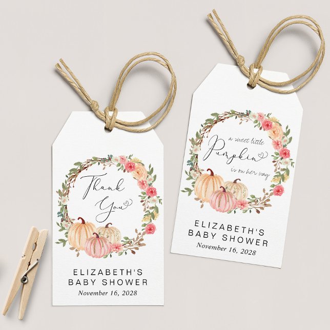 Étiquettes-cadeau Citrouille rose Floral Girl Baby shower Merci (Créateur téléchargé)