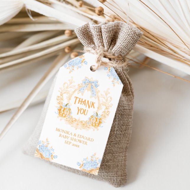 Étiquettes-cadeau Citrouille Toile Crest Elegant Baby shower garçon (Créateur téléchargé)