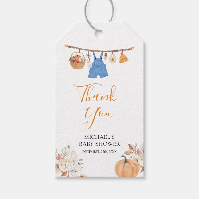 Étiquettes-cadeau Citrouille Vêtements d'automne Baby shower d'autom (Devant)