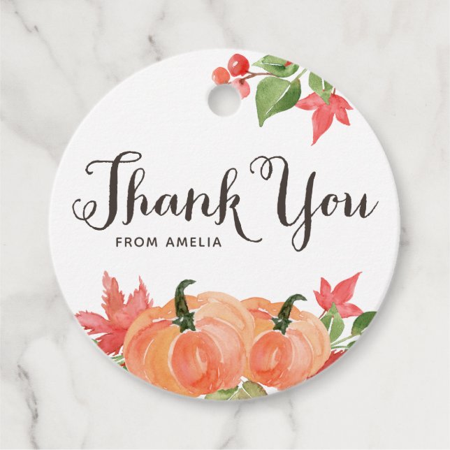 Étiquettes Cadeau Citrouilles d'aquarelle et Merci Feuille d'érable (Devant)