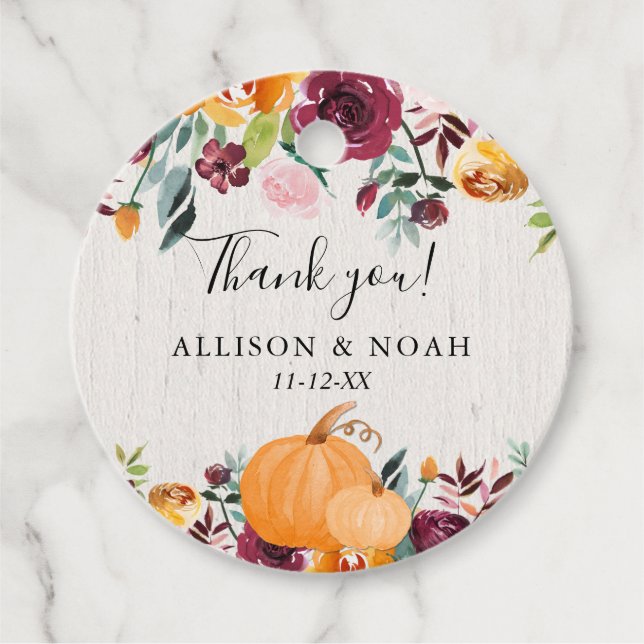 Étiquettes Cadeau Citrouilles d'automne floral rustique bordeaux ros (Devant)