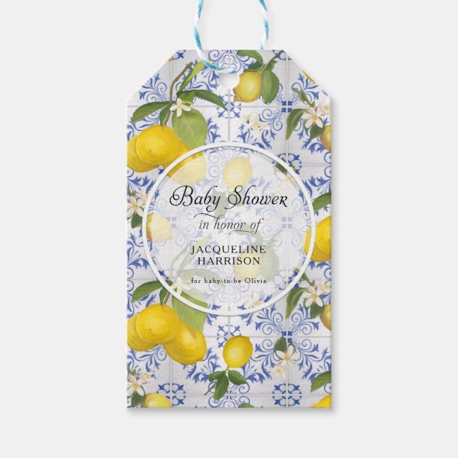 Étiquettes-cadeau Citrus Fleur Citrus Feuillage Bleu Baby shower bla (Devant)