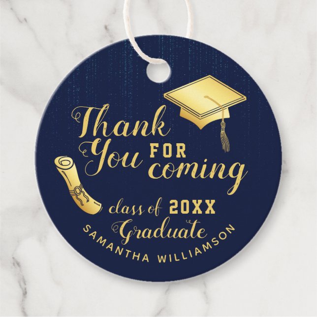 Étiquettes Cadeau Classe 2025 Merci bleu et or de la marine (Devant)