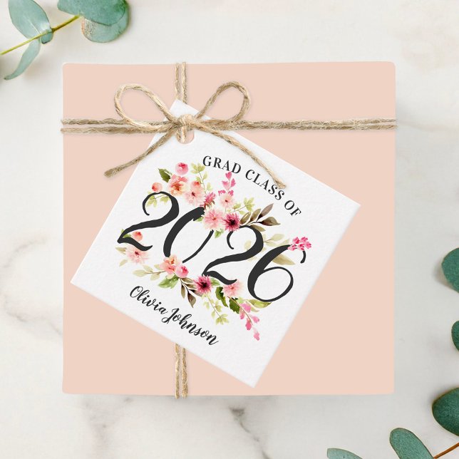 Étiquettes Cadeau Classe de 2025 Pink Watercolor Flowers Graduation (Créateur téléchargé)