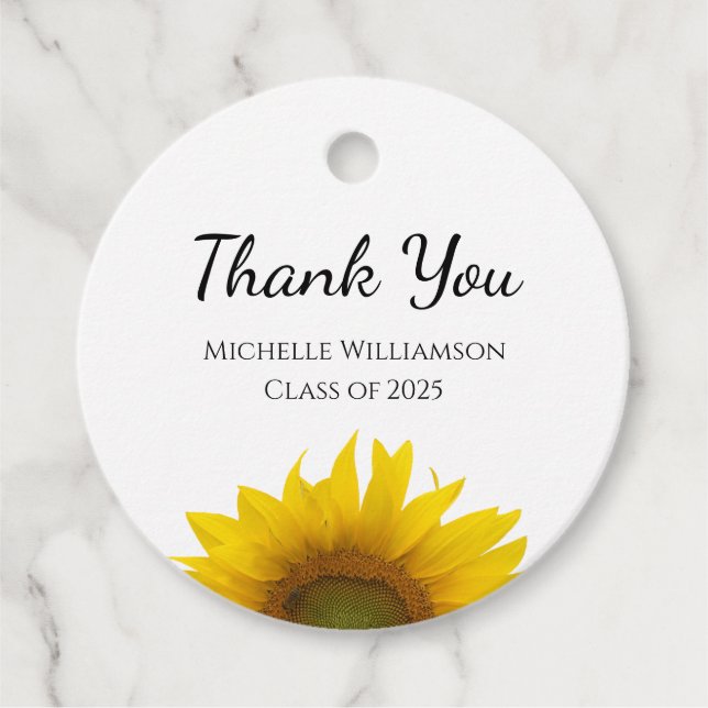 Étiquettes Cadeau Classe de tournesol jaune de 2025 Merci gradué (Devant)