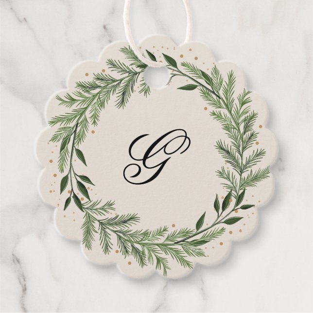 Étiquettes Cadeau Classic Custom Monogram Pine Wreath cadeau de Noël (Devant)