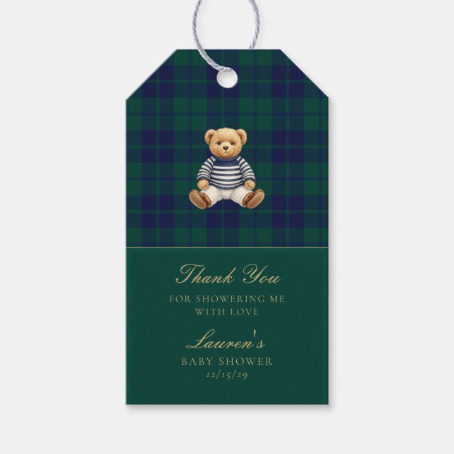 Étiquettes-cadeau Classic Green Navy Plaid Bear Baby Shower  (Devant)